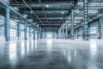 A large warehouse with a wide, modern and neat central aisle, with no one, to store merchandise.