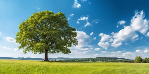 A country landscape, a large maple tree in a meadow with green grass and beautiful blue sky. - obrazy, fototapety, plakaty