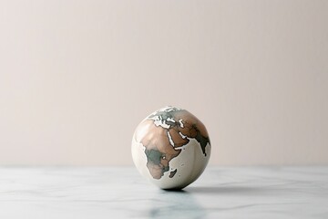 A ball in the shape of the planet earth, on a table with a natural blur background.