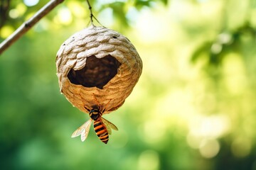Wasp returns to its nest, hanging from a tree.