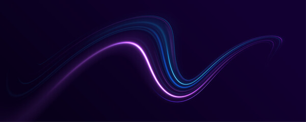 Abstract light lines of movement and speed in neon color. Shine of cosmic rays. Light everyday glowing effect. Curve light effect of blue line. Vector illustration. 