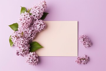 An empty paper note mockup, next to delicate lilac flowers.