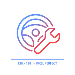 Obraz premium 2D pixel perfect gradient steering wheel repair icon, isolated vector, thin line illustration representing car service and repair.