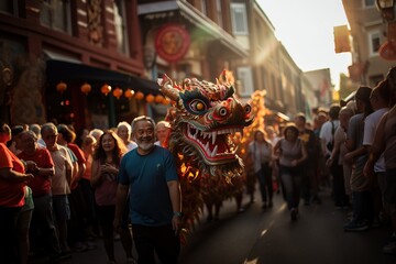 Dragon Dance: Vibrant dragon dancers parade through the streets, symbolizing power and luck. Generated with AI