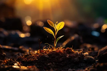 Foto op Canvas A small plant sprouting from the ground. Small plant growing in the soil at sunset. © Vadim