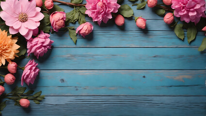 Flowers on wooden background withbcooy space for texture and products display,  full HD image , ai generative image 