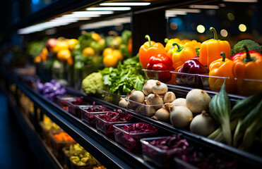 A colorful assortment of vegetables in a display case. Vegetables on a table in a market