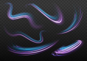 Purple and blue curve lines, cyber technology, fiber optic, isolated design element on dark transparent background. Electric wavy trail. Neon lines of speed and fast wind. Vector. - obrazy, fototapety, plakaty