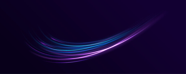 Purple and blue curve lines, cyber technology, fiber optic, isolated design element on dark transparent background. Electric wavy trail. Neon lines of speed and fast wind. Vector. - obrazy, fototapety, plakaty