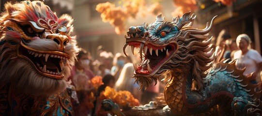 Fototapeta premium Dragon Dance: Vibrant dragon dancers parade through the streets, symbolizing power and luck. Generated with AI