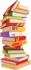 High book stacks or pile. Library textbooks and school literature heaps, dictionaries. Bookstore advertise. Cartoon stacked books angle view with different colorful covers isolated on white