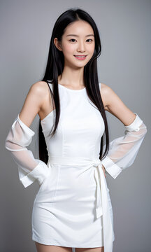 A modern Chinese woman in a casual pose, her white T-shirt and black long hair framing her face, embodies the beauty of simplicity