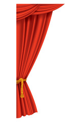 Red curtains realistic. Theater fabric silk decoration for movie cinema or opera hall. Curtains and draperies interior decoration object. Isolated on transparent for theater stage