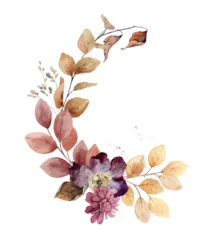 Fotobehang Watercolor vector wreath with bright autumn flowers and foliage. © ElenaMedvedeva