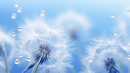 Naklejka premium Beautiful dandelions, blue summer background, macro