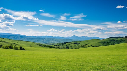 Green field and blue sky, mountain hill, summer scenery background