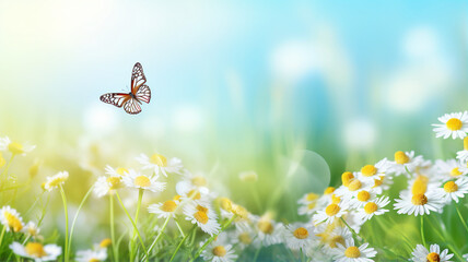 Meadow with flowers and butterflies, spring or summer morning