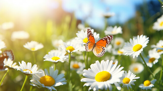 Meadow with butterflies and daisy flowers, sunshine, spring or summer background