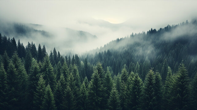Green forest and mountain in fog, dark misty landscape