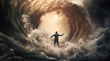 Tsunami Big waves. Stormy ocean wave, A man standing in the middle of a huge wave