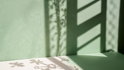 Minimal abstract green background for product presentation. Shadow and light from windows on plaster wall. The backdrop for product presentation, Product showcase background wall.