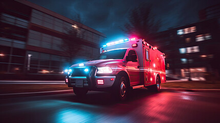 a Medical emergency ambulance driving during traffic jam on city road. rush hour concept. Ambulance. Generative Ai