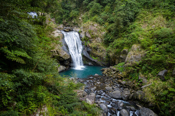 Forest waterfall in neidong national forest recreation area of taiwan