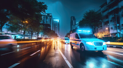 Fototapeta premium a Medical emergency ambulance driving during traffic jam on city road. rush hour concept. Ambulance. Generative Ai