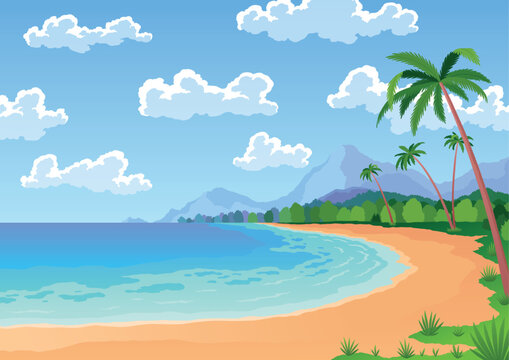 Beach landscape with palm trees, sandy shore, blue water and sky, and clouds. Beautiful seaside tropical banner. Summertime vacation on sea coast, vector illustration