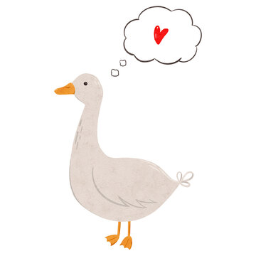Cute goose fall in love in scandinavian style. Digital hand drawn illustration with farm animal. Romantic bird for textile design, Valentine cards, prints. Drawing of character in cartoon style on