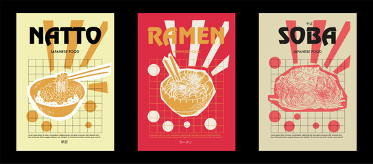 Japanese natty, ramen, soba. Price tag or poster design. Set of vector illustrations. Typography. Engraving style. Labels, cover, t-shirt print, painting.