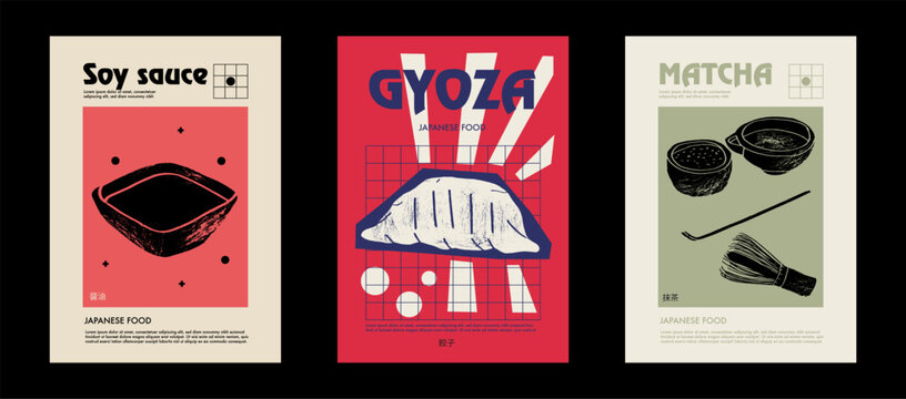 Japanese gyoza, matcha, soy sauce. Price tag or poster design. Set of vector illustrations. Typography. Engraving style. Labels, cover, t-shirt print, painting.
