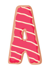 Cartoon cookies font. Vector letter baking in colored glaze. Creative gingerbread typography design. Childhood sweet donut. Letter A