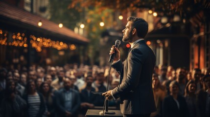 Back view of Man in business suit giving a speech on the stage in front of the audience