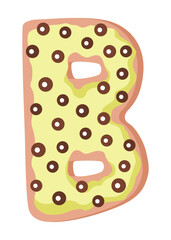 Cartoon cookies font. Vector letter baking in colored glaze. Creative gingerbread typography design. Childhood sweet donut. Letter B