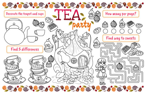 Festive placemat for children. Printable activity sheet "Tea Party" with a maze, coloring page and find the differences. 17x11 inch printable vector file