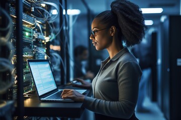 A young woman with a tablet computer stands in the middle of a server room. Collection and storage of large amounts of data. Checks the operation of servers and automation.