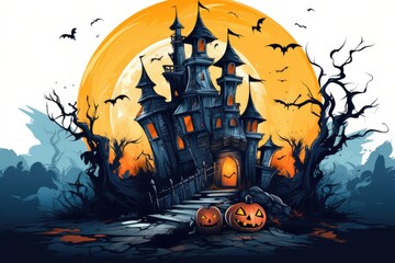Haunted castle isolated on white background. Halloween design with old spooky house, illustration in cartoon style. - obrazy, fototapety, plakaty