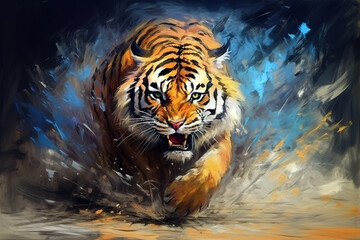 Image of beautiful colorful painting of a angry tiger. Wildlife animals. Illustration, Generative AI.