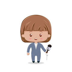 A cute chibi character reporter girl with suit and microphone