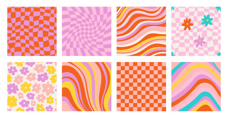 Set of funky groovy backgrounds vector design. Cool abstract colorful patterns. Y2K aesthetic, flat design, 1970 Daisy flowers, trippy grid, wavy swirl poster collection in bright colors. 