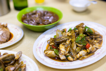 Asian food fried razor clam with soy sauce