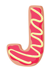 Cartoon cookies font. Vector letter baking in colored glaze. Creative gingerbread typography design. Childhood sweet donut. Letter J