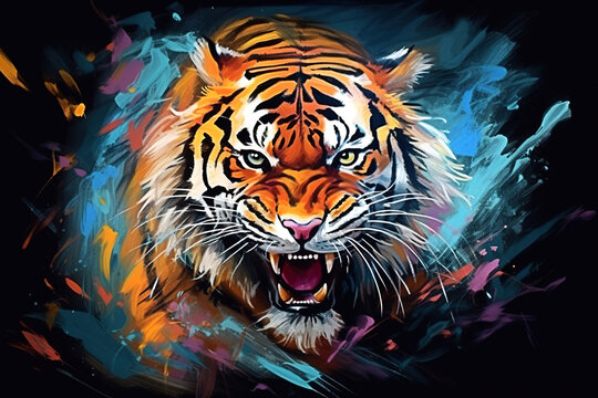 Image of beautiful colorful painting of a angry tiger. Wildlife animals. Illustration, Generative AI.