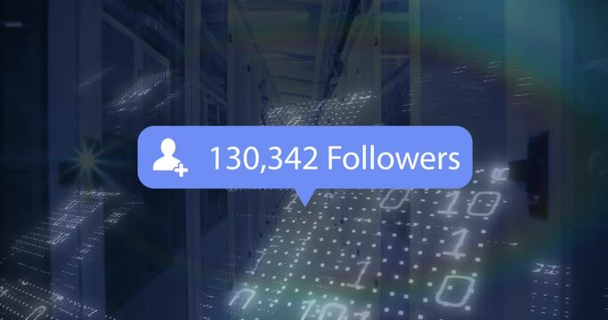 Animation of profile icon with increasing followers and binary coding against computer server room