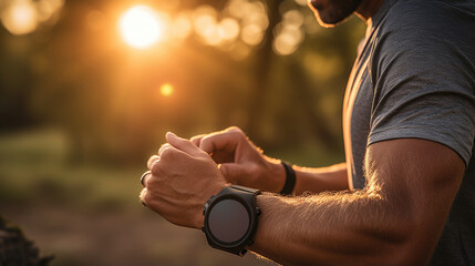 Running in Sync: Man Checking Time and Health with Smartwatch