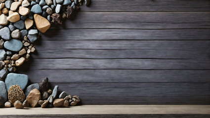 Stones on wooden background with copy space for texture and product display,  ai generative image 
