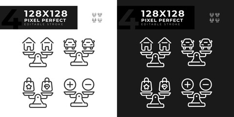2D pixel perfect icons collection representing comparisons, editable dark and light thin line illustration.
