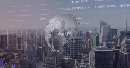 Animation of spinning globe, statistical, stock market data processing over aerial view of cityscape - Powered by Adobe
