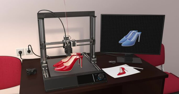3D printer prints a pair of red women's shoes. The concept of printing shoes on a home 3D printer. 3d rendering.